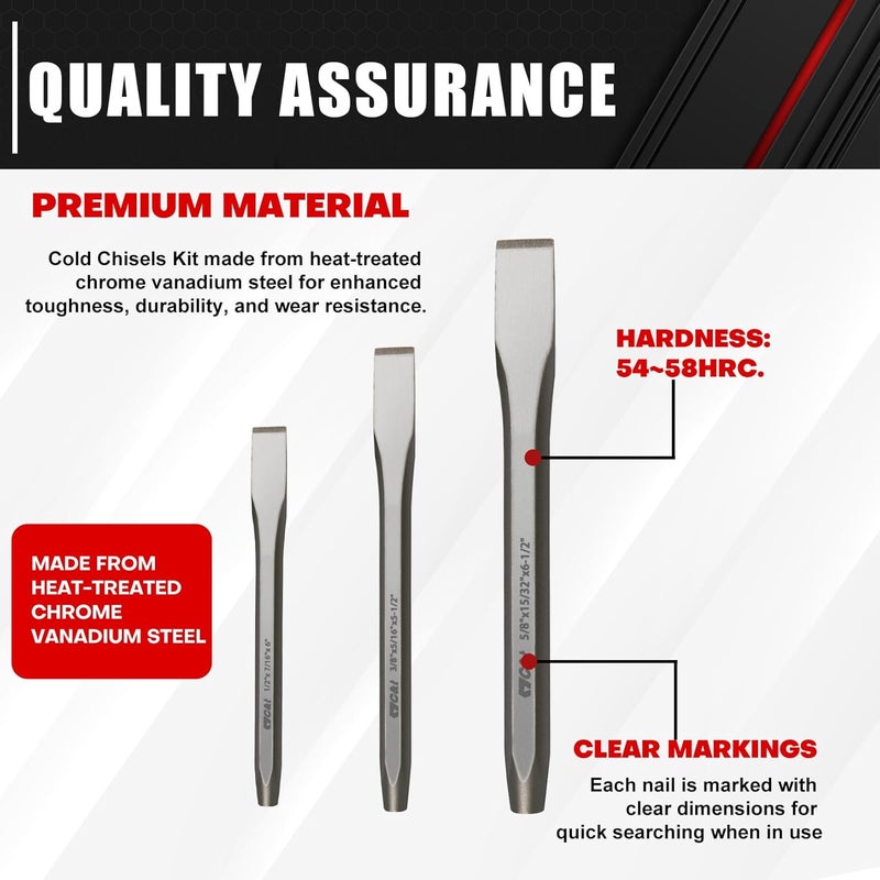 ct 3-Piece Heavy Duty All Purpose Cold Chisels Kit, 3/8, 1/2, 5/8 in, for Carpentry, Metalwork, Woodwork & Masonry work - Image 3